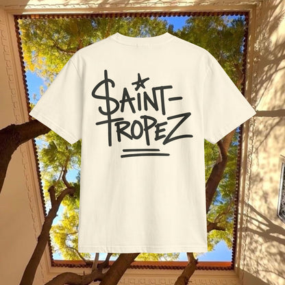 Saint-Tropez Graphic T-Shirt — Casual Beach Vibe Tee with Script Logo