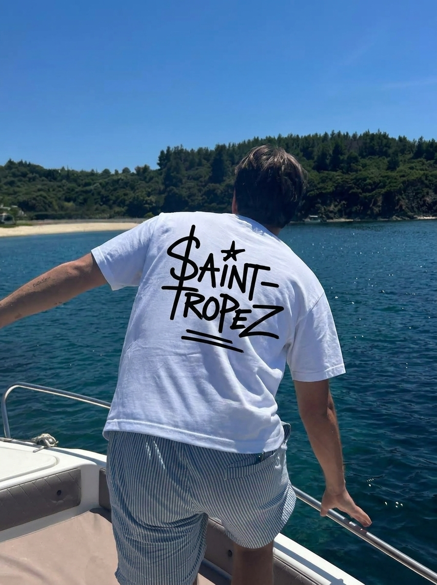 Saint-Tropez Graphic T-Shirt — Casual Beach Vibe Tee with Script Logo