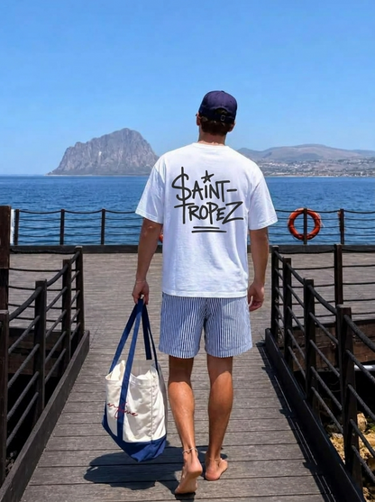 Saint-Tropez Graphic T-Shirt — Casual Beach Vibe Tee with Script Logo